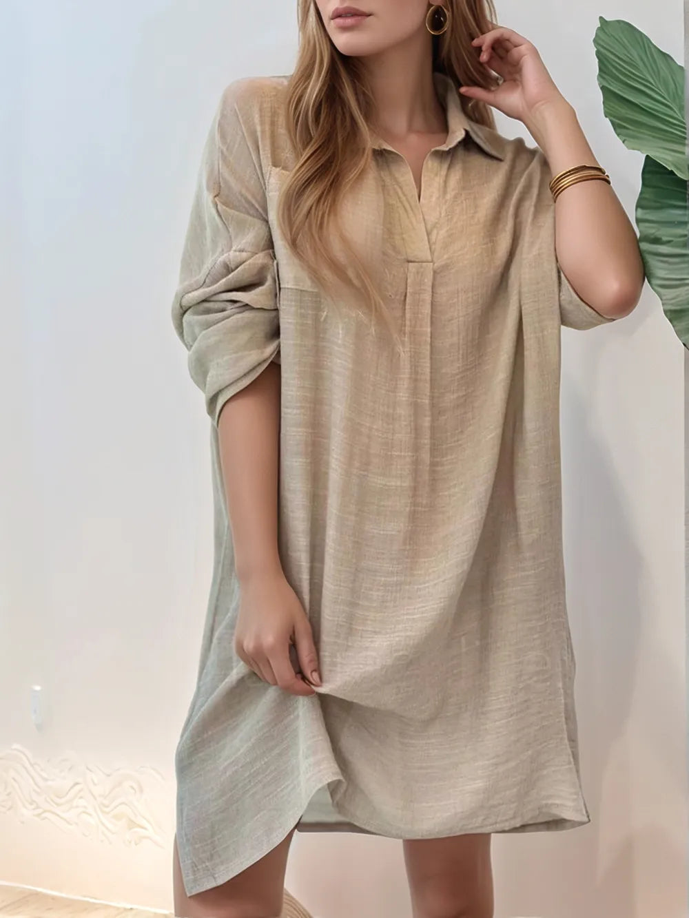 Full Size Side Slit Roll-Tab Sleeve Mini Shirt Dress Plus Size 
