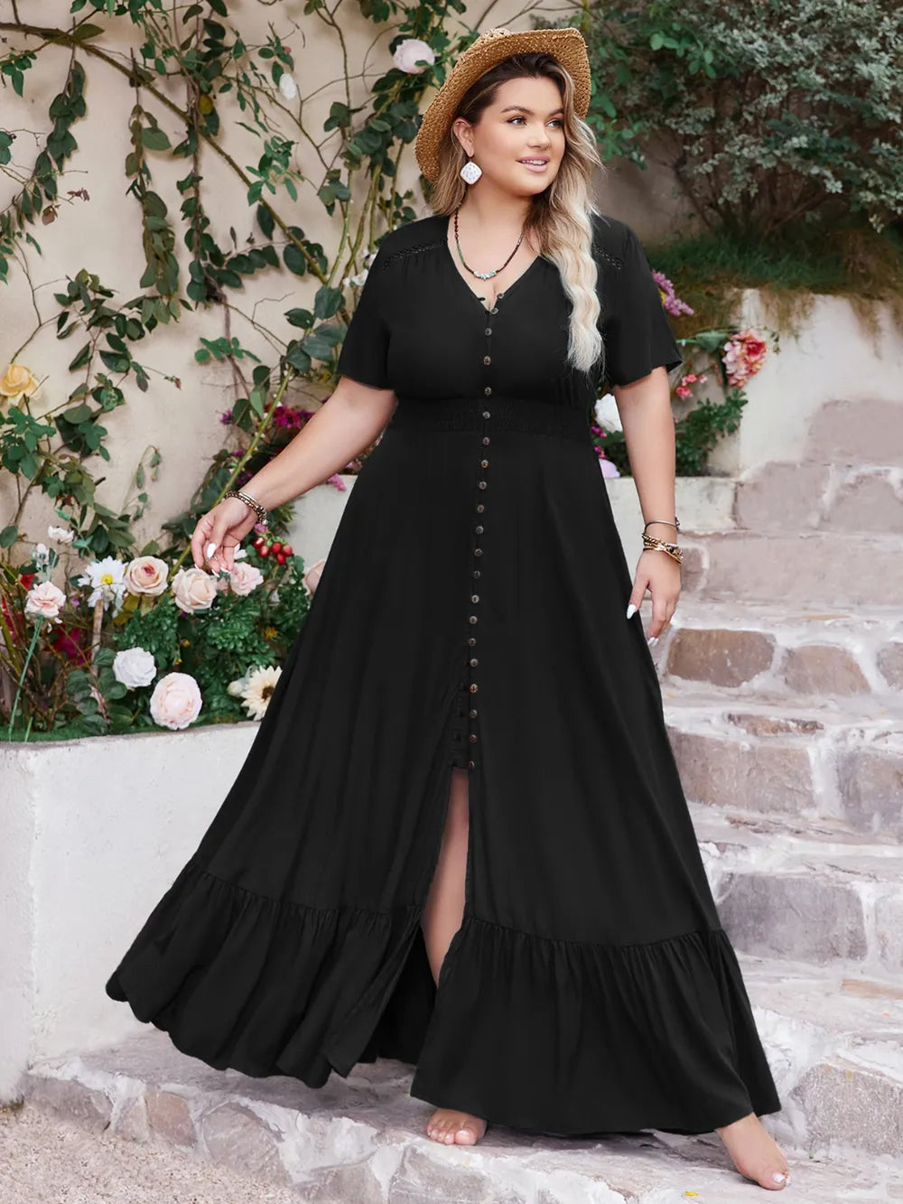 Plus Size Ruffled Hem Button Down V-Neck Short Sleeve Maxi Dress 