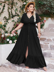 Plus Size Ruffled Hem Button Down V-Neck Short Sleeve Maxi Dress 