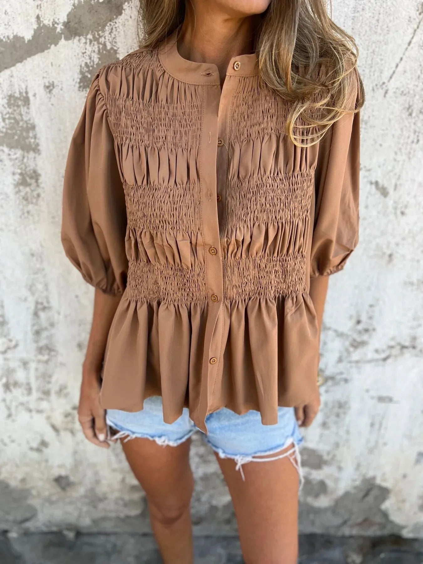 Full Size Smocked Puff Sleeve Blouse Plus Size 