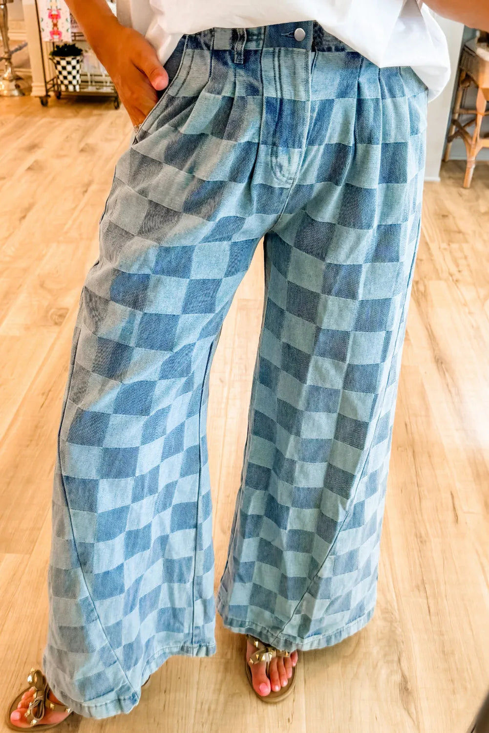 Checkered Wide Leg Jeans with Pockets 