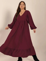 Plus Size Ruffled Hem V-Neck Balloon Sleeve Dress 