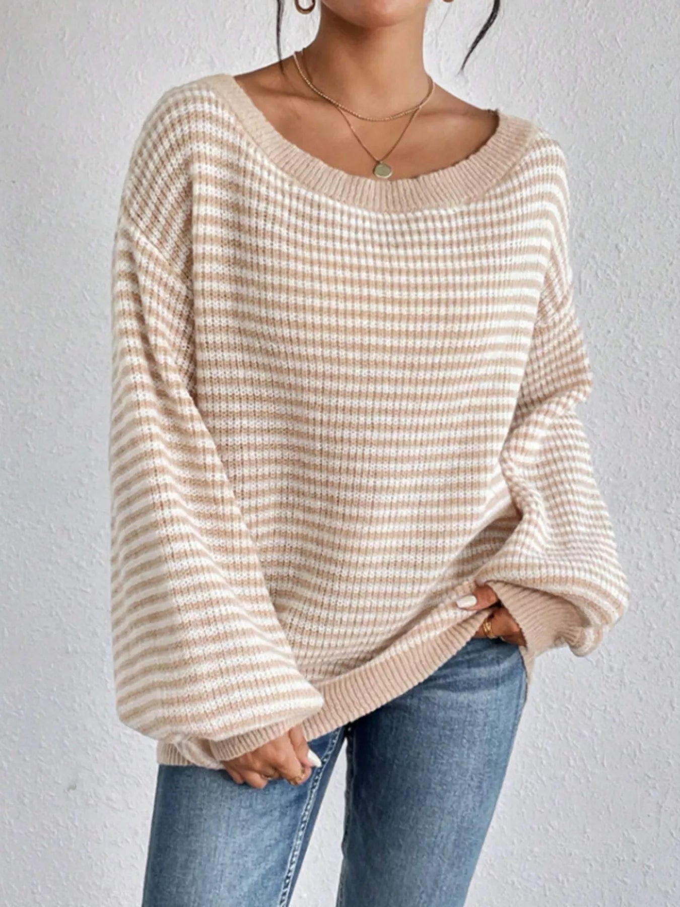 Striped Boat Neck Long Sleeve Sweater 