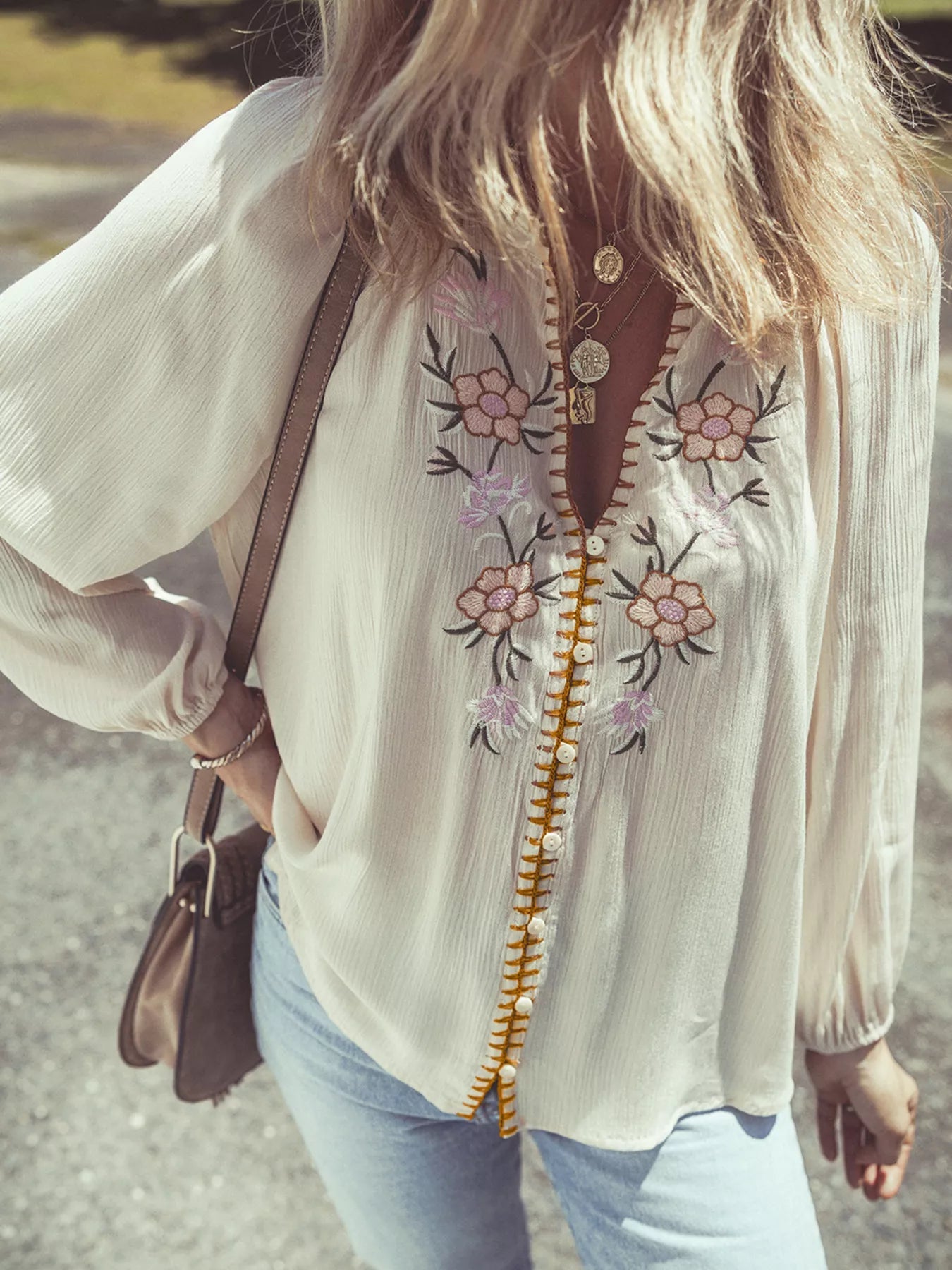 Floral Embroidered Textured Puff Sleeve Loose Shirt 