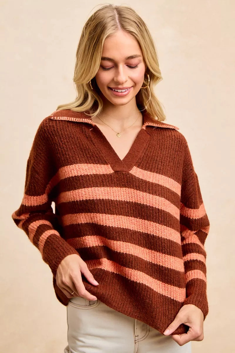 BiBi Striped Sweater Top with Collar Stitched Details 
