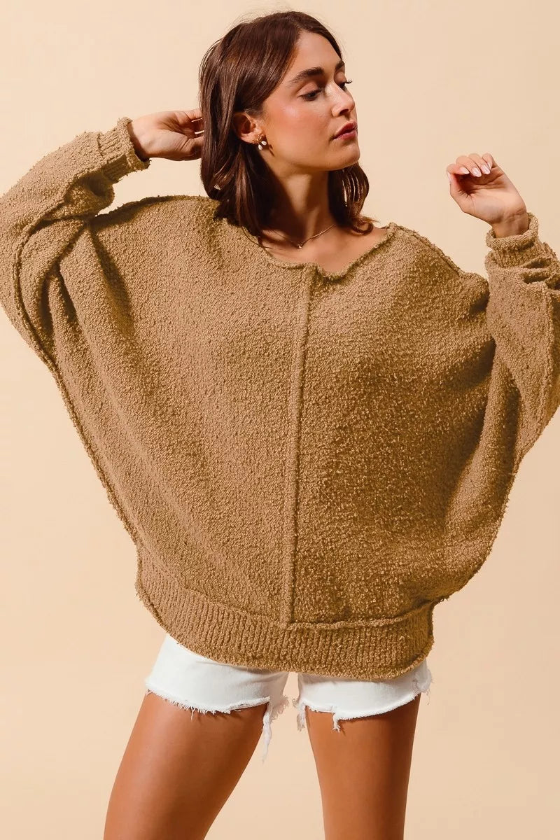 SO ME Loose Fit Exposed Seam Slouchy Boucle Sweater 