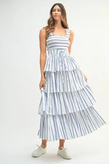 MABLE Pin Stripe Smocked Bodice Layered Midi Dress 