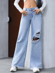 Distressed Raw Hem Wide Leg Jeans 