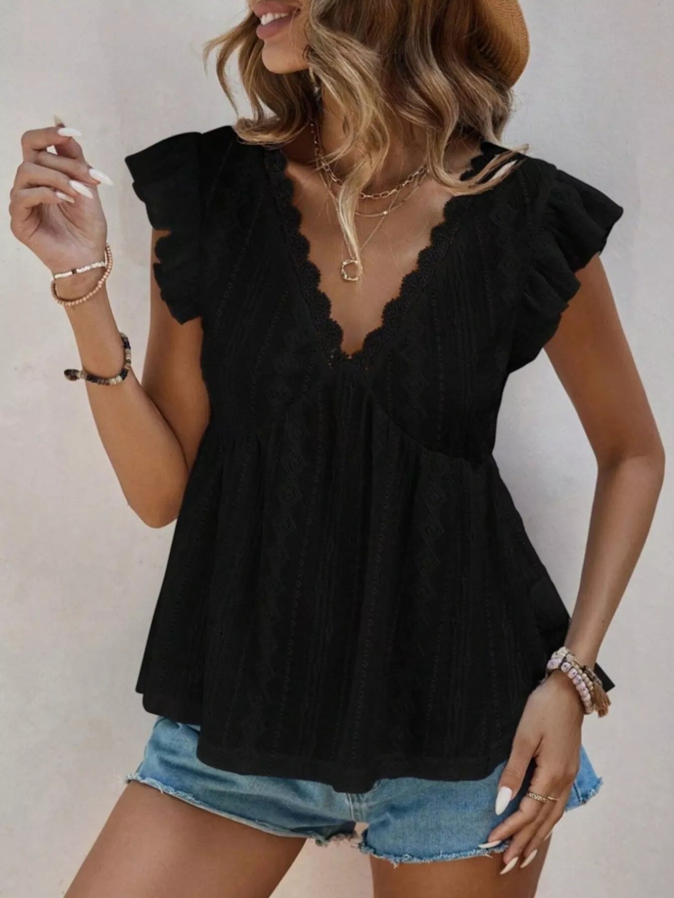 Ruffle Sleeve V-Neck Blouse 