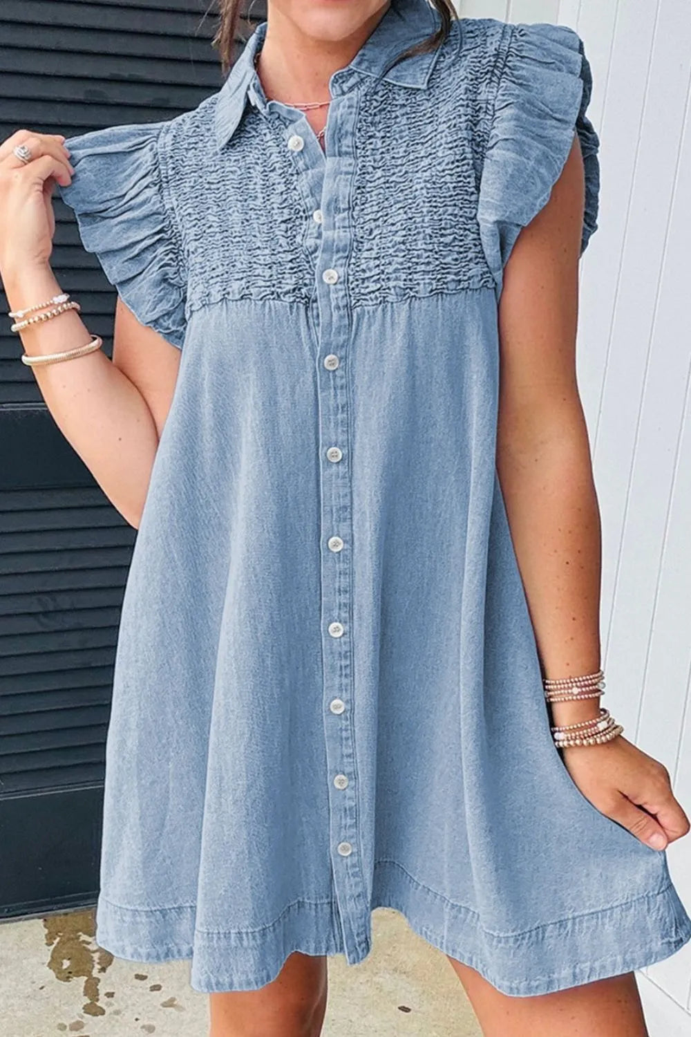 Smocked Collared Neck Cap Sleeve Denim Dress 