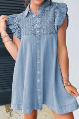 Smocked Collared Neck Cap Sleeve Denim Dress 