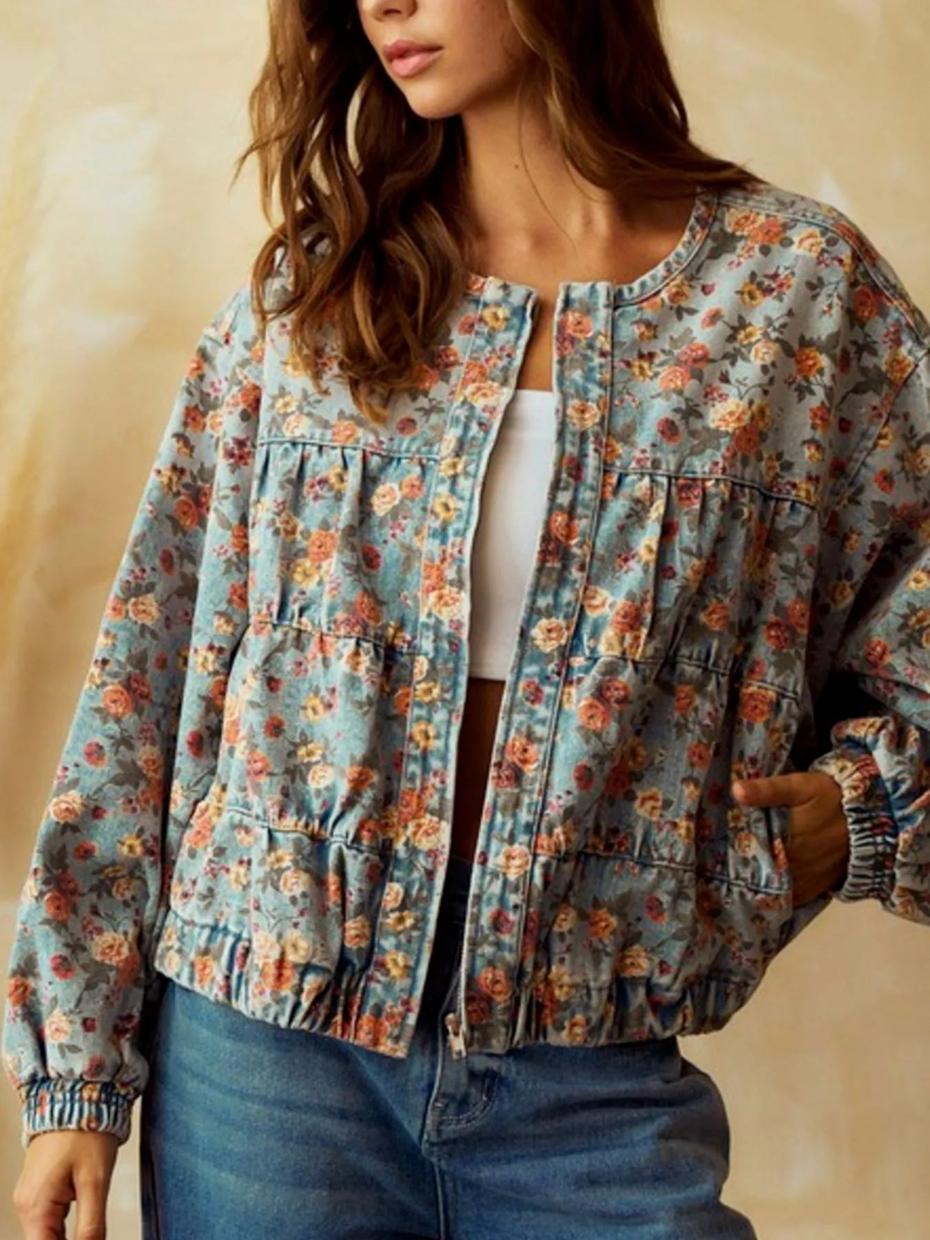 Floral Print Zip Up Cropped Denim Jacket 