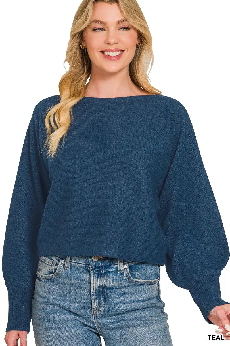 Zenana Boat Neck Balloon Sleeve Sweater 