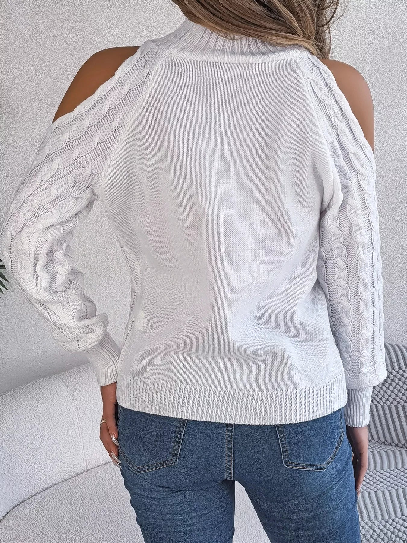 Cable Knit Cold Shoulder Turtleneck Sweater 