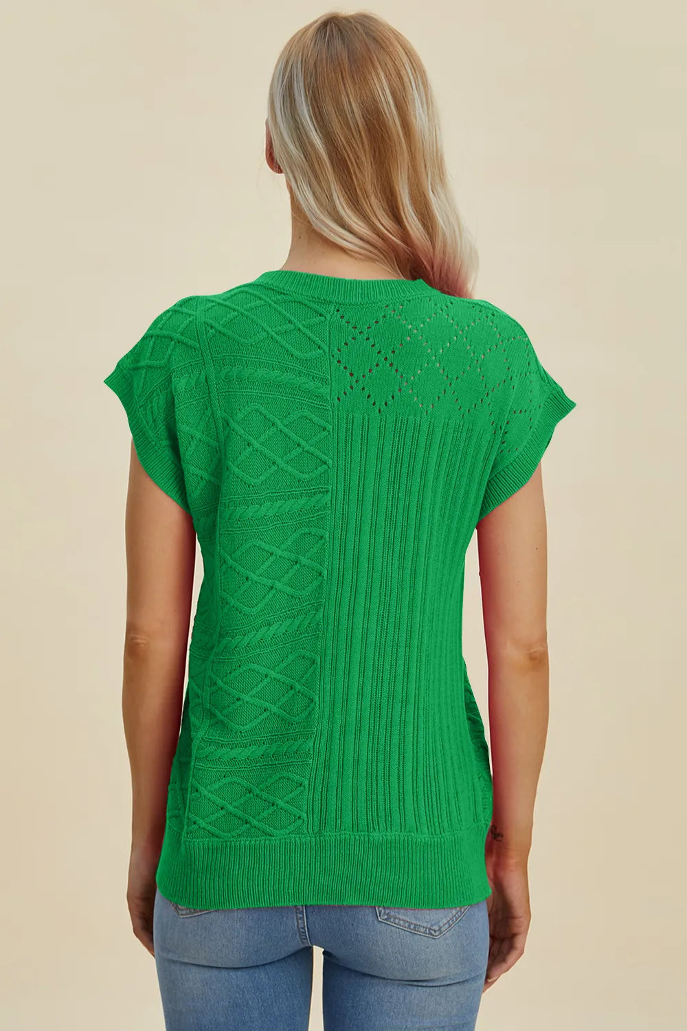 Double Take Full Size Cable-Knit Round Neck Cap Sleeve Sweater 