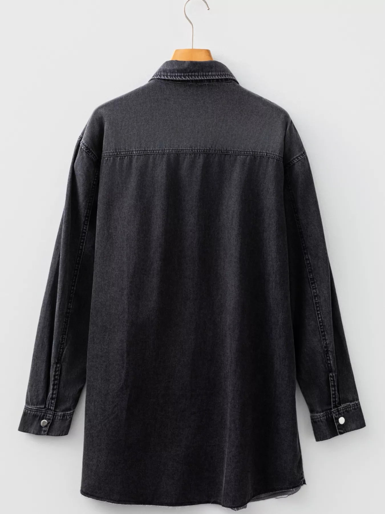 Chest Pocket Raw Hem Denim Loose Shirt Dress 