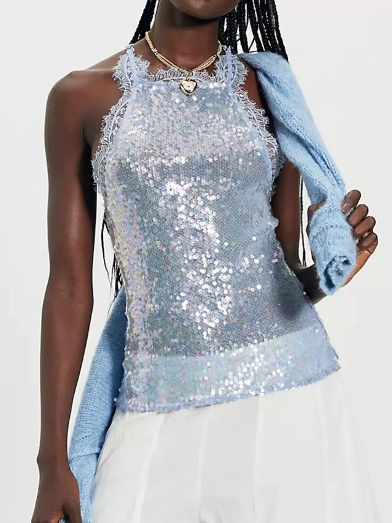 Sequin Lace Trim Halter Neck Cami 