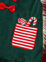 Children's Christmas Striped Bodysuit and Dress Set with Headband 
