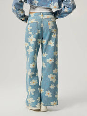 Pocketed Floral Wide Leg Jeans 