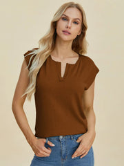 Double Take Full Size Notched Cap Sleeve Knit Top 