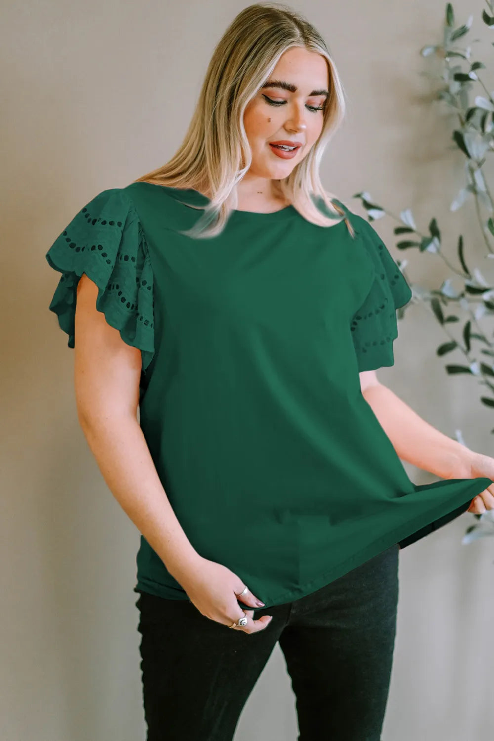 Plus Size Eyelet Round Neck Short Sleeve Blouse 