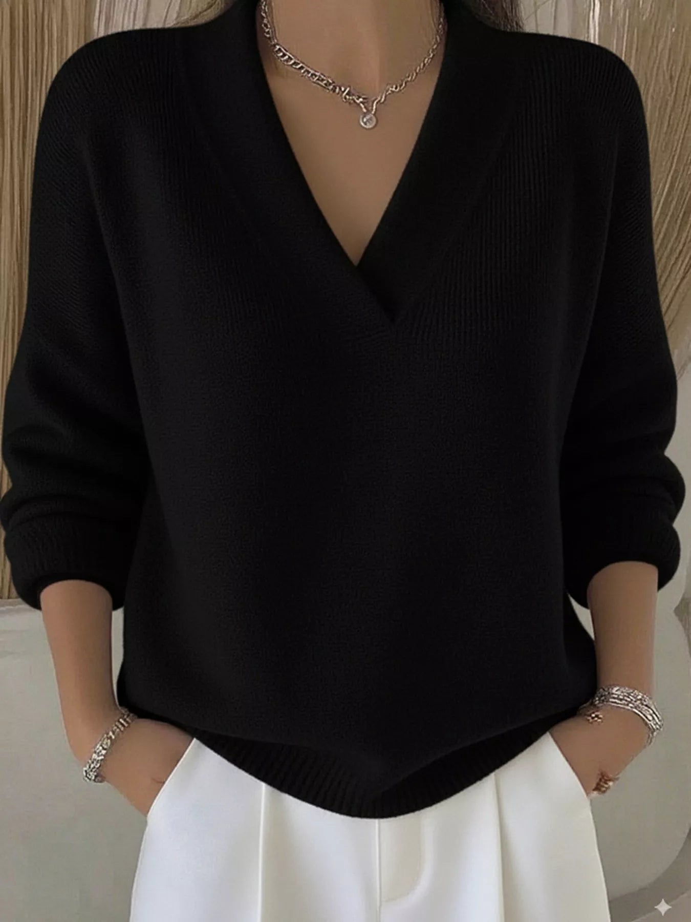 Full Size V-Neck Long Sleeve Sweater Plus Size 