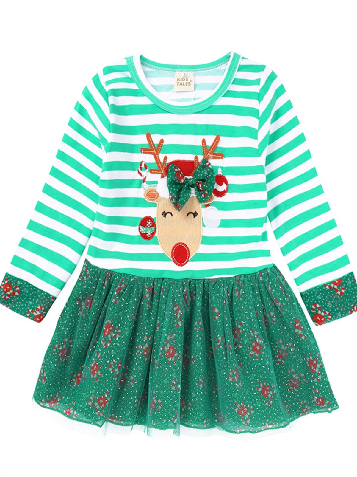 Children's Christmas Reindeer Applique Striped Long Sleeve Dress 