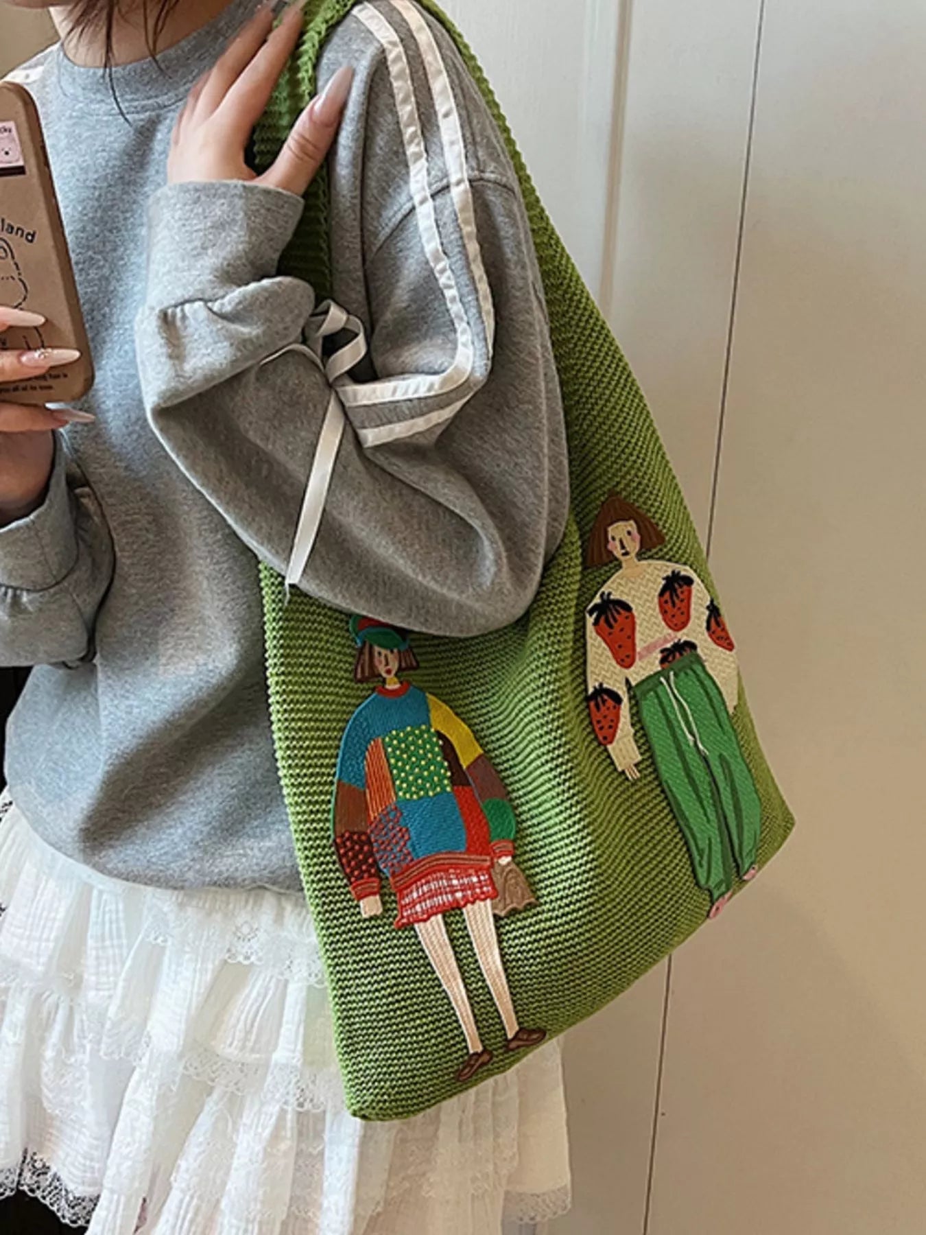 Knitted Embroidered Shoulder Bag 