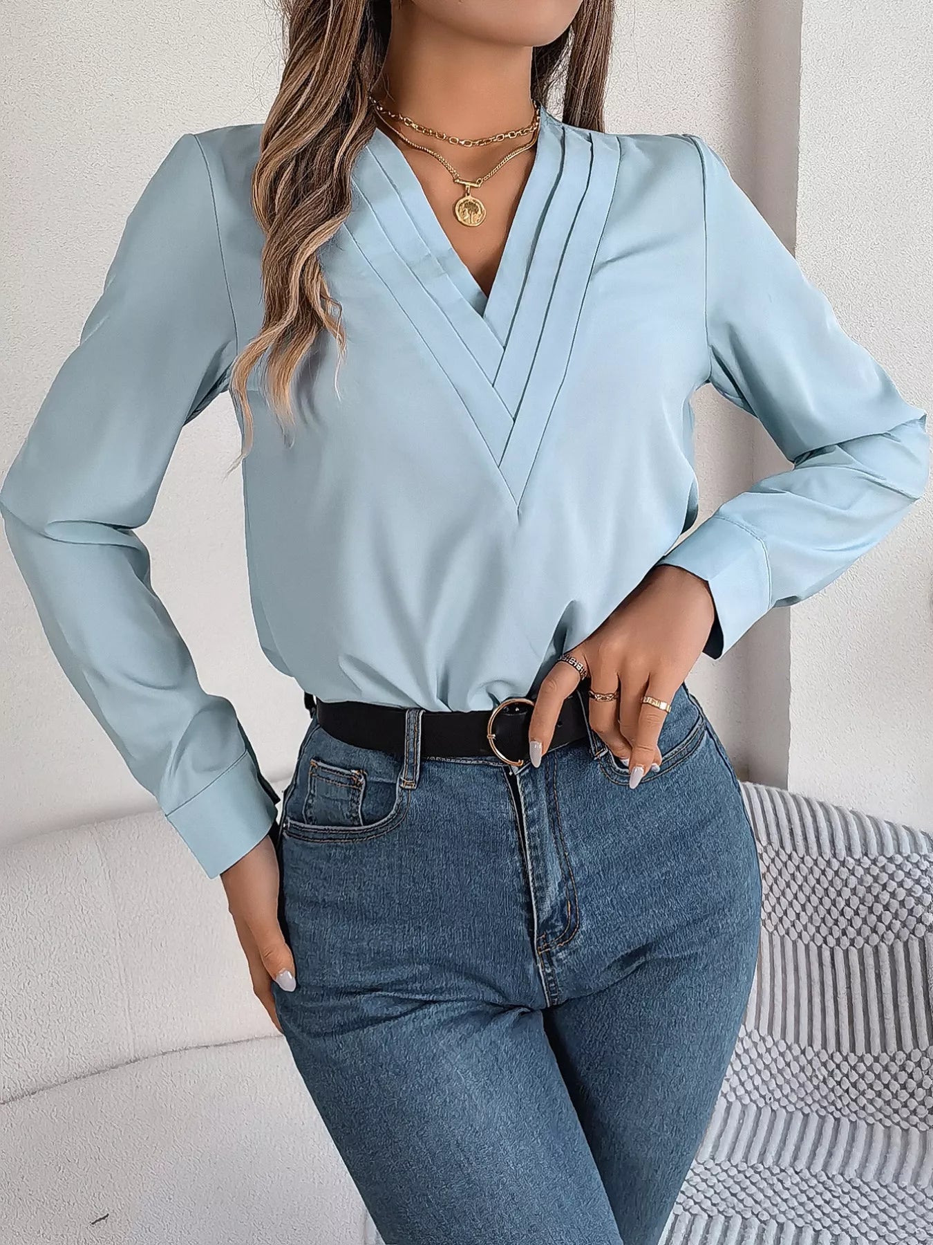 Layered V-Neck Long Sleeve Blouse 