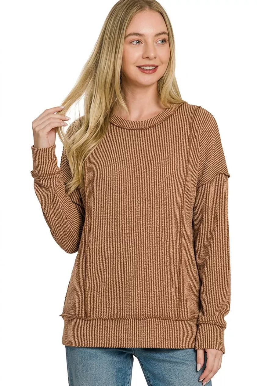 Zenana Corded Rib Long Sleeve Round Neck Top 