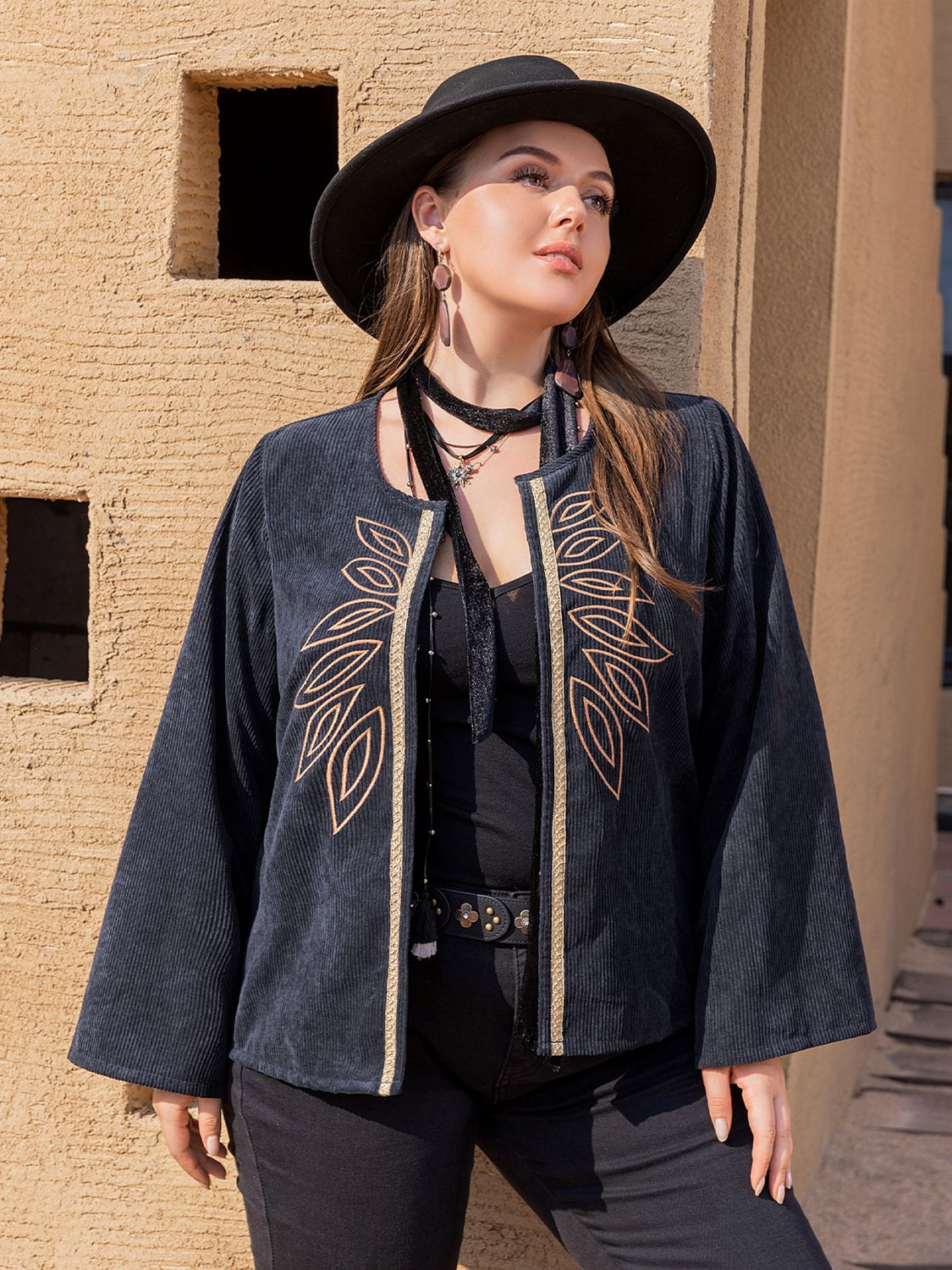 Plus Size Embroidered Open Front Jacket 