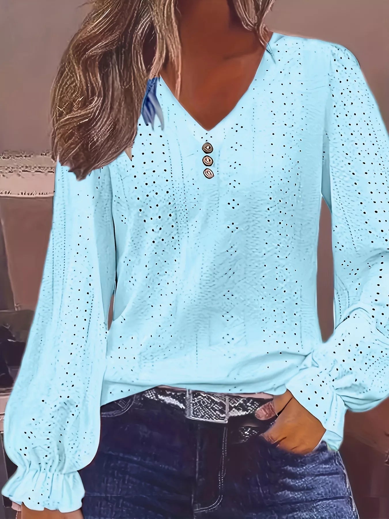 Plus Size Eyelet V-Neck Flounce Sleeve Blouse 