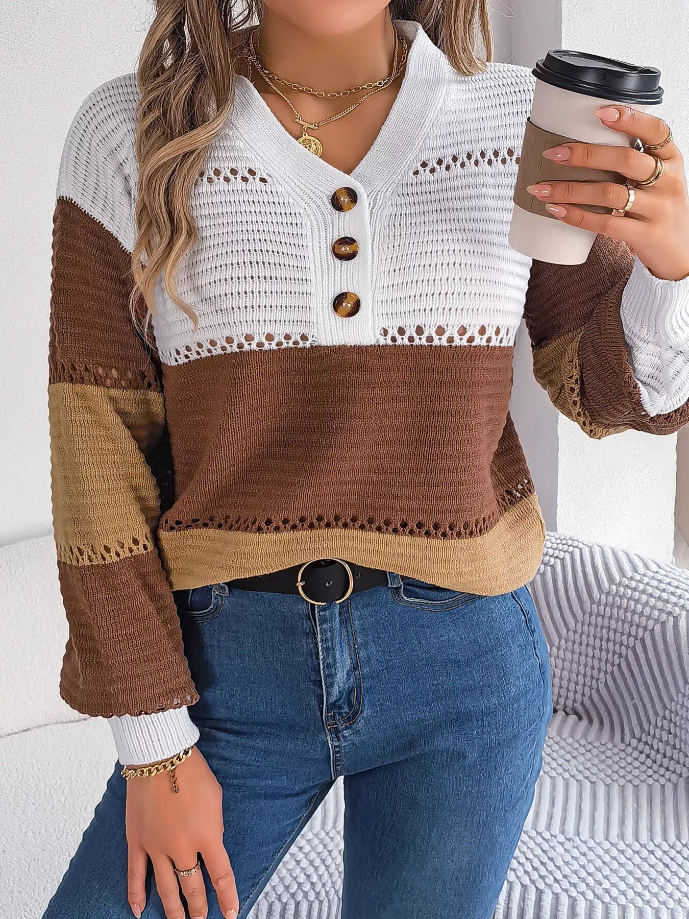 Color Block Striped V-Neck Button Detail Sweater 