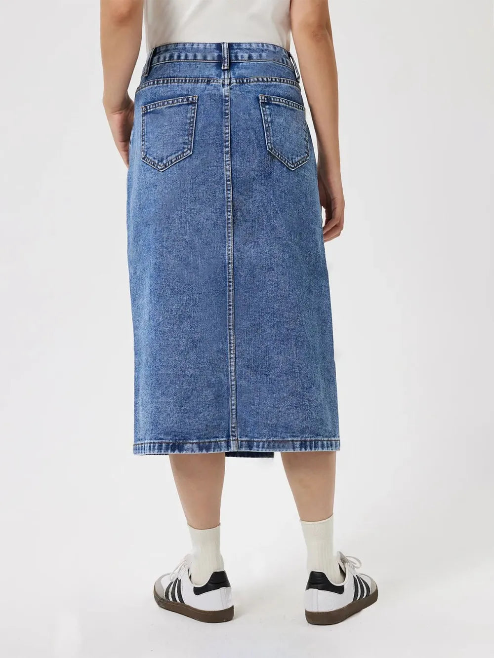 Slit Midi Denim Skirt with Pockets 