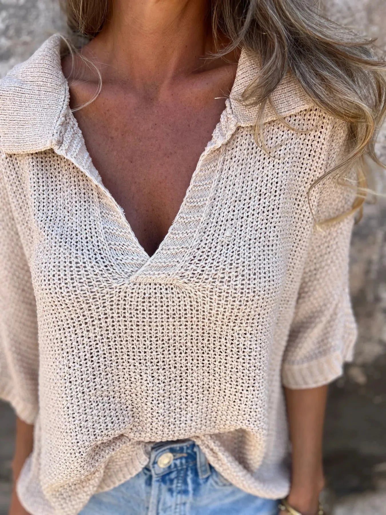 Full Size Johnny Collar Loose Knit Sweater Plus Size 