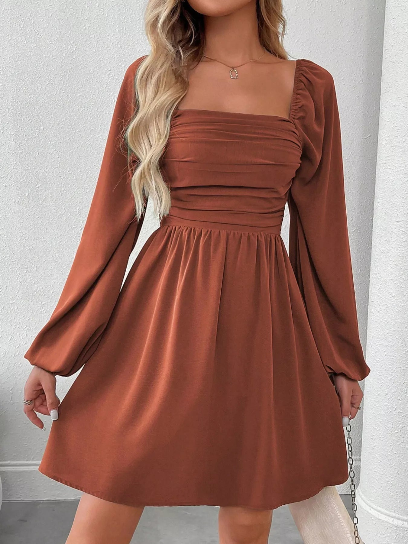 Ruched Square Neck Long Sleeve A-Line Dress 