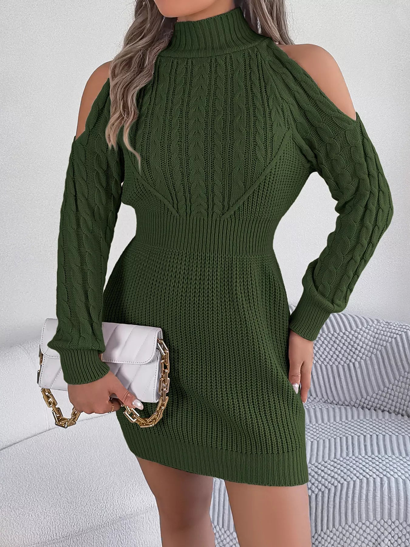 Cold Shoulder Cable Knit Turtleneck Sweater Dress 
