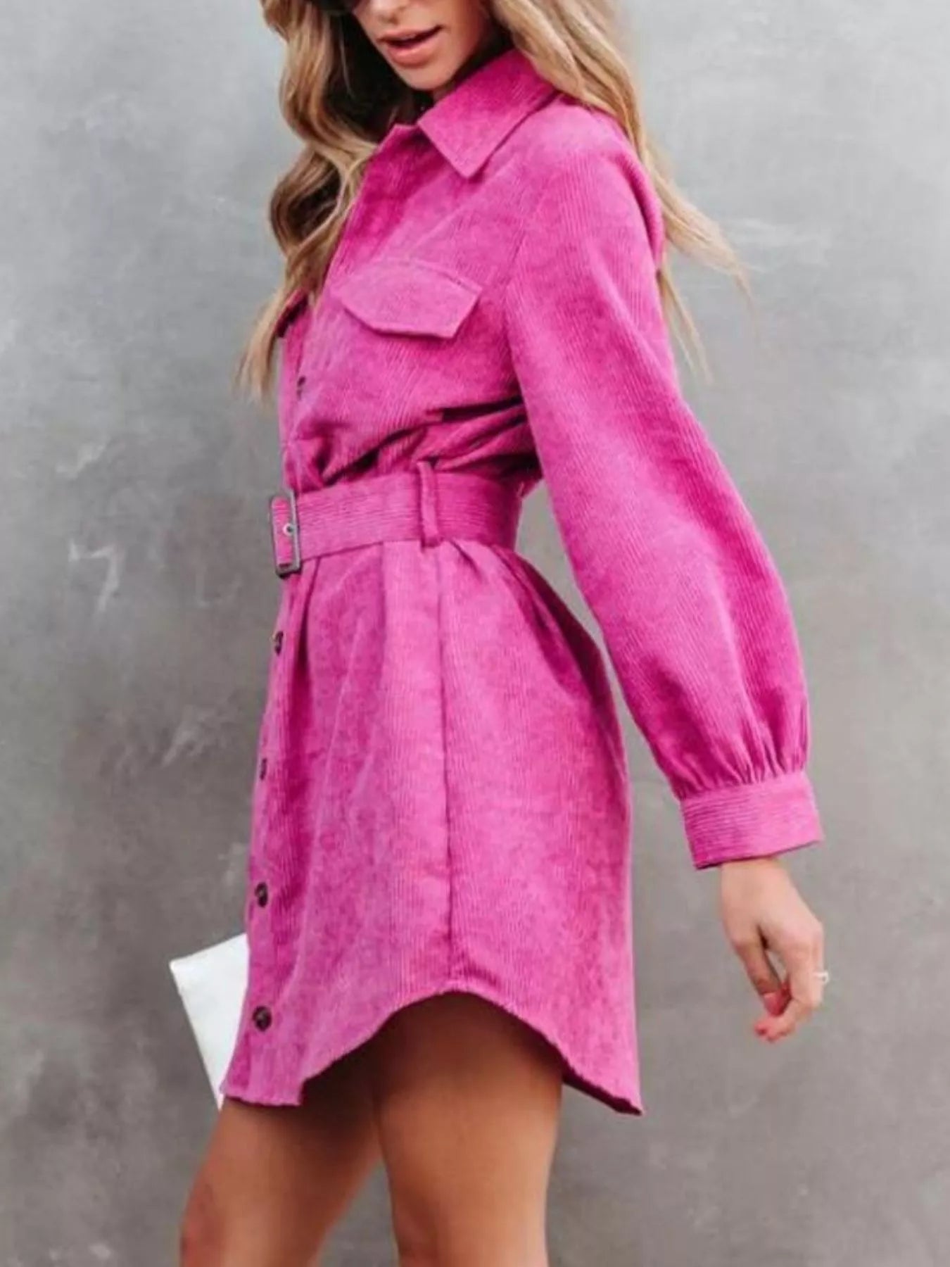 Button Front Belt Long Sleeve Corduroy Dress 