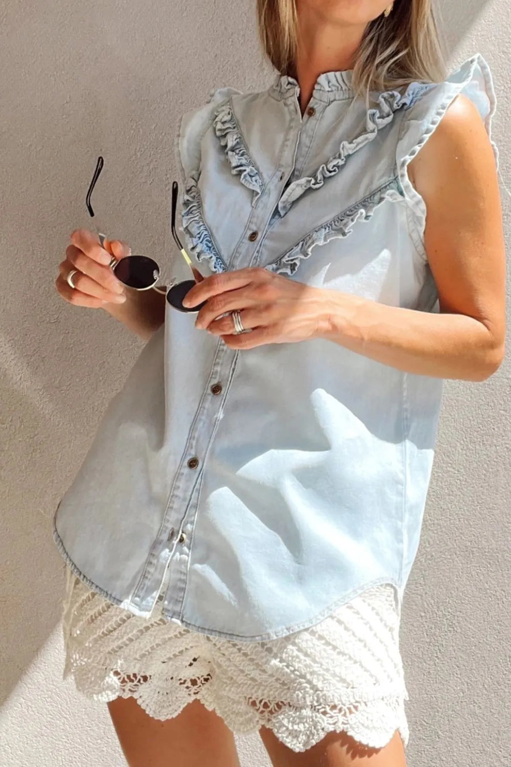 Frill Button Down Ruffled Cap Sleeve Denim Top 