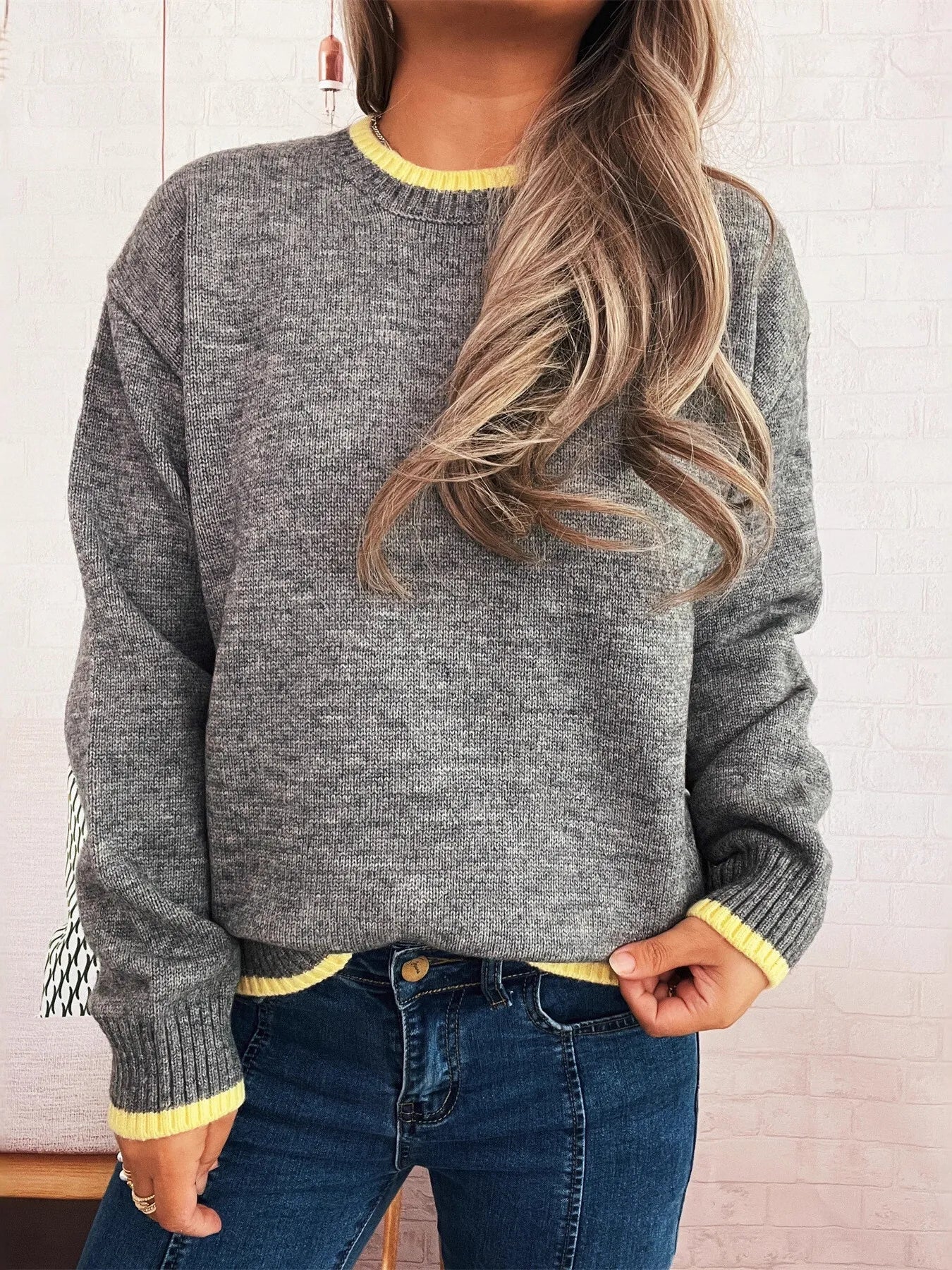 Ribbed Contrast Trim Long Sleeve Sweater 