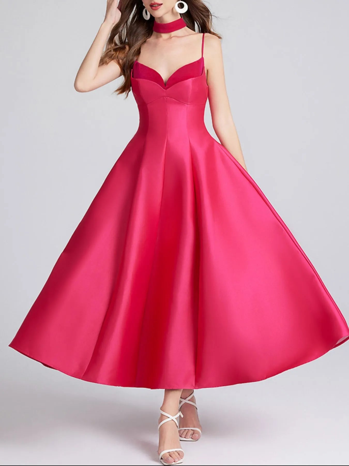 Sweetheart Spaghetti Strap Midi Dress with Collar 
