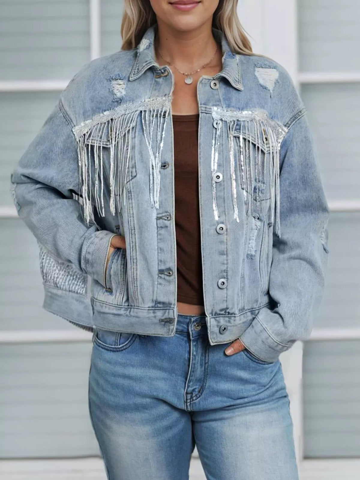 Fringed Sequin Embellished Denim Jacket 