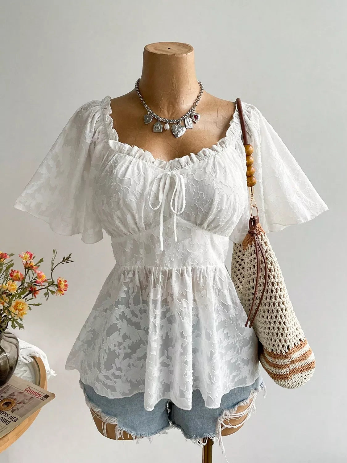 Plus Size Floral Flutter Sleeve Blouse with Smocked Back 
