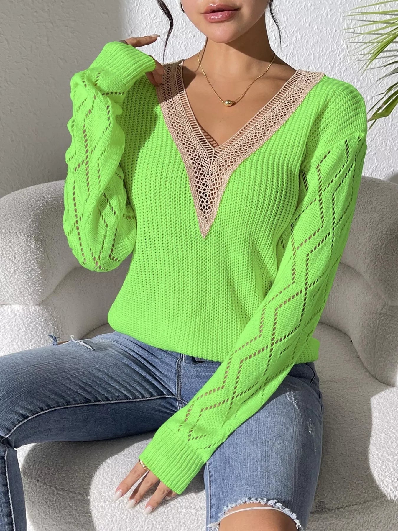 V-Neck Hollow Knit Sweater 