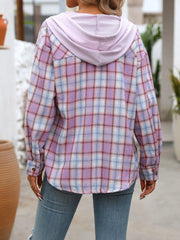 Plaid Button-Up Hooded Shirt with Chest Pocket 