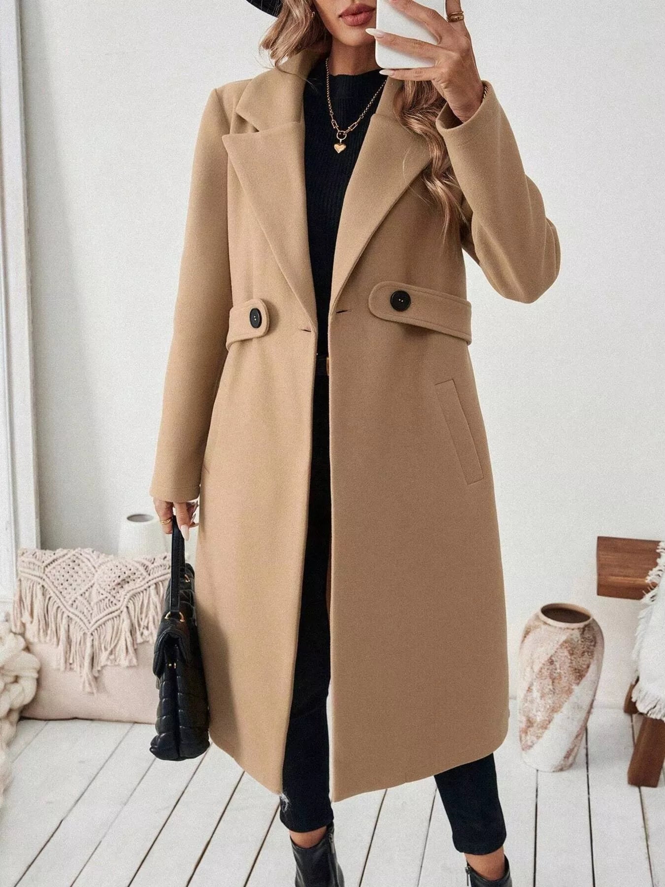 One Button Wool Blend Overcoat 