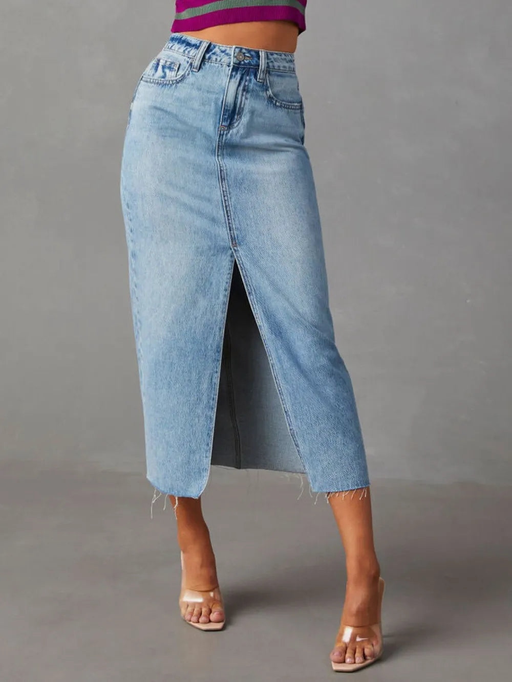 Raw Hem Front Slit Denim Midi Skirt 