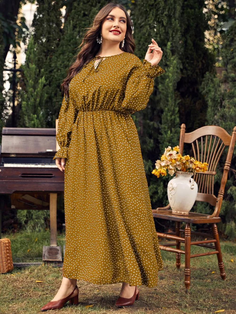 Honey Plus Size Ruffled Polka Dot Long Sleeve Midi Dress 