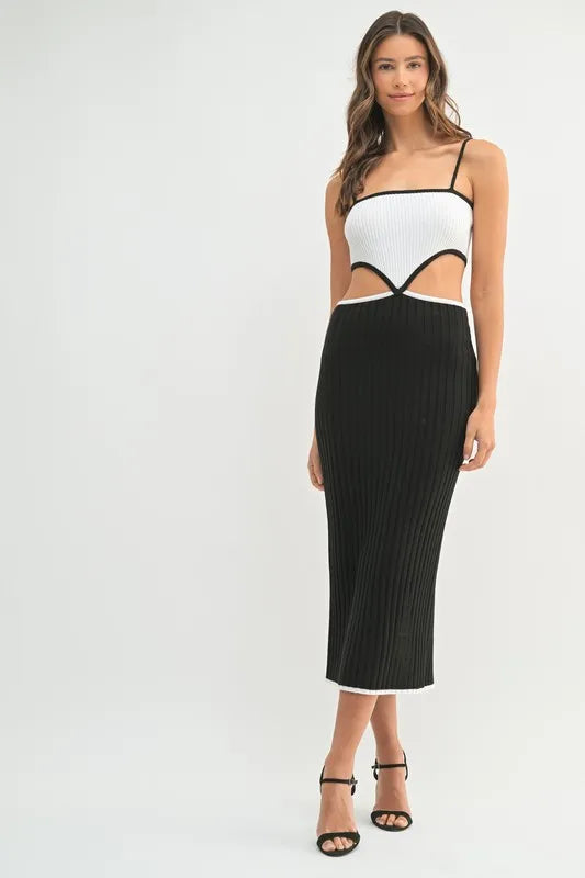 MABLE Ribbed Knit Color Block Cutout Midi Dress 