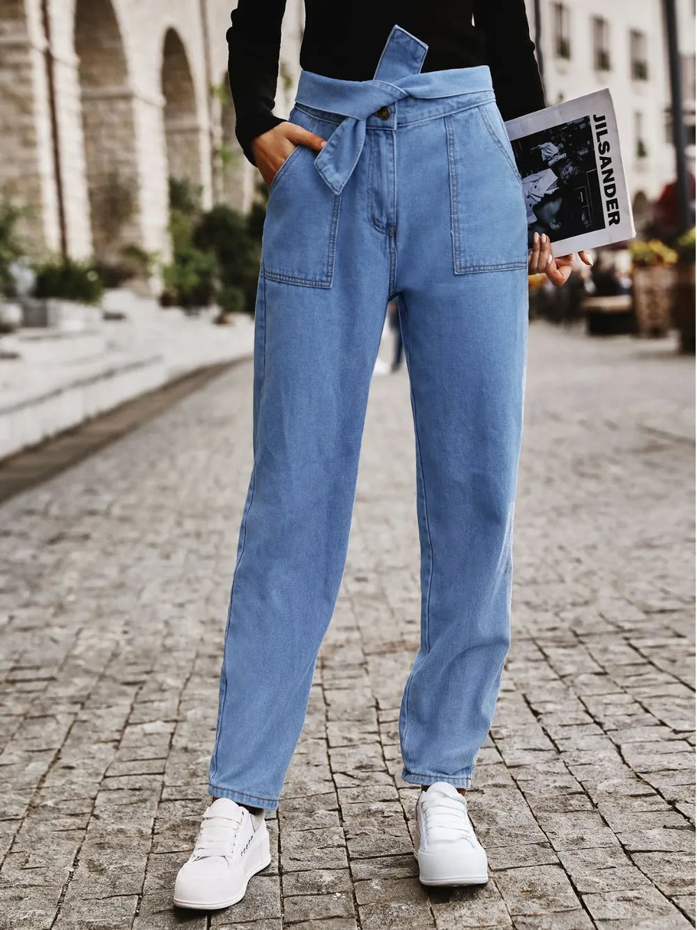 Tied Straight Jeans with Pockets 